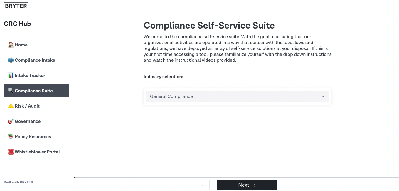 The Compliance Self-Service Suite is a customizable template available in BRYTER. 