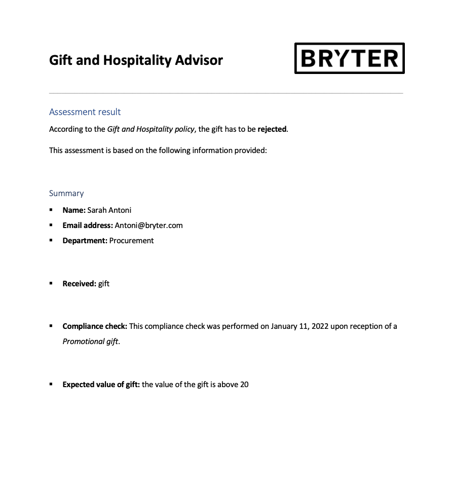 Example Gift and Hospitality assessment result