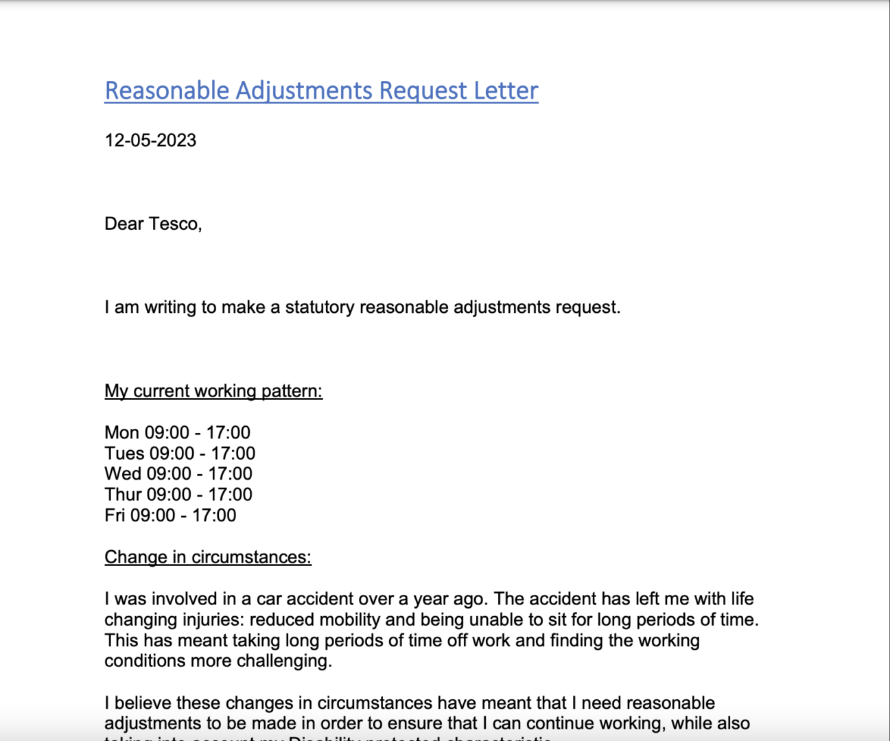 Reasonable adjustments request letter example