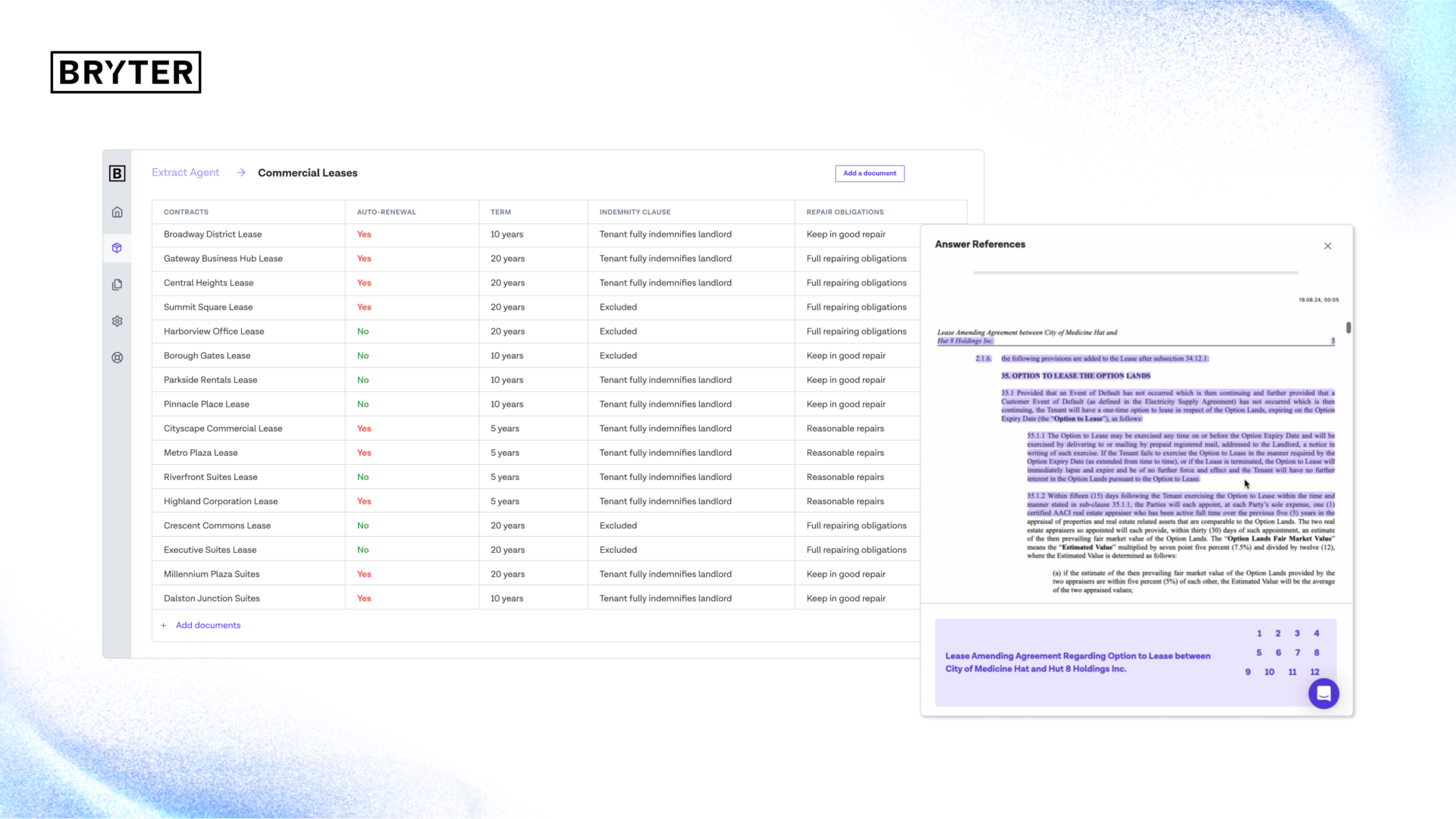 The image shows a dashboard from the "Extract Agent" platform, displaying a list of commercial lease contracts with details like contract name, auto-renewal status (yes/no), term (in years), indemnity clause, and repair obligations. On the right side, a document preview shows a section of a lease amending agreement, highlighted in purple, with detailed clauses regarding lease options and terms. The BRYTER logo is visible at the top left of the image.